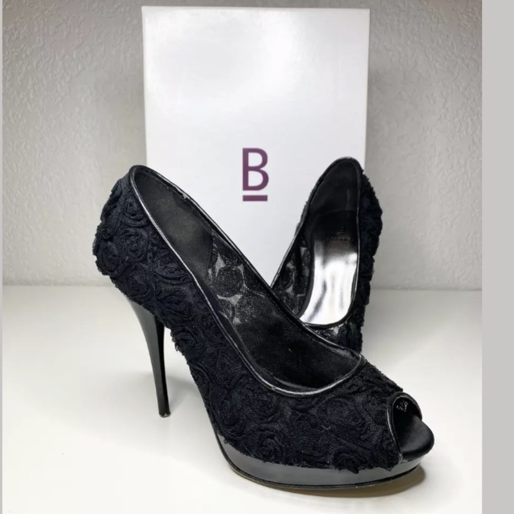 Bakers Black Roses Peep Toe Heels